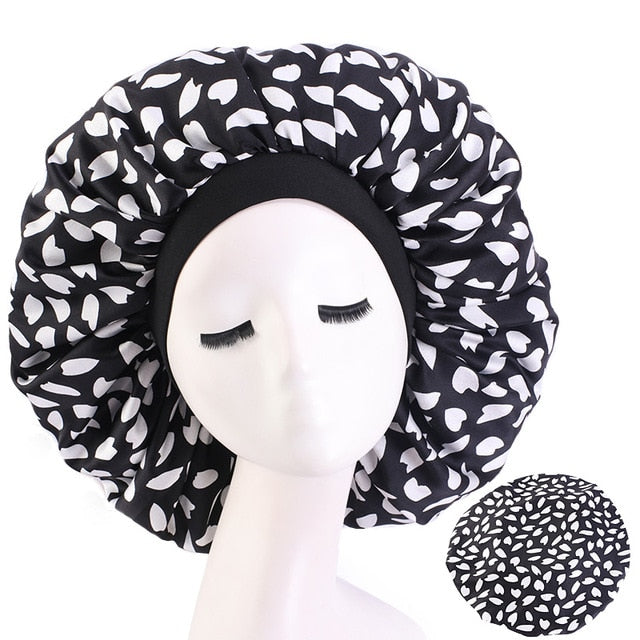 New Women Big Size Beauty print Satin Silky Bonnet Sleep Night Cap Head Cover Bonnet Hat for For Curly Springy Hair Black