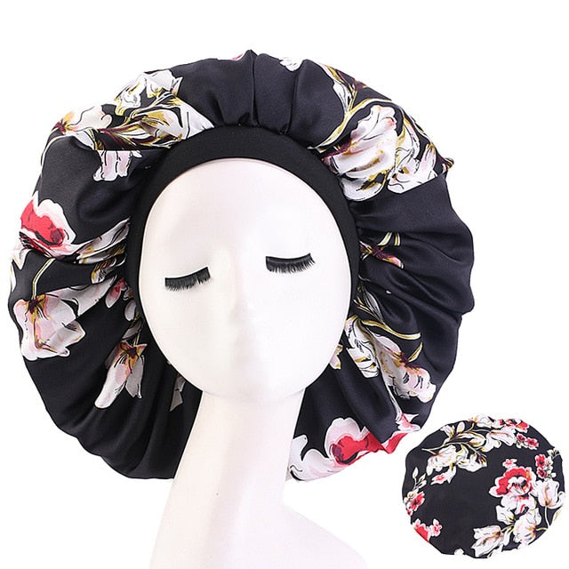 New Women Big Size Beauty print Satin Silky Bonnet Sleep Night Cap Head Cover Bonnet Hat for For Curly Springy Hair Black