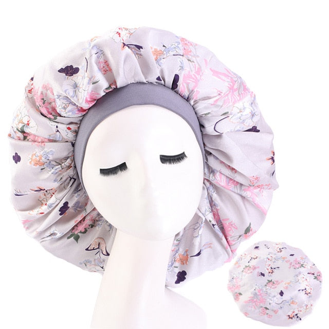 New Women Big Size Beauty print Satin Silky Bonnet Sleep Night Cap Head Cover Bonnet Hat for For Curly Springy Hair Black