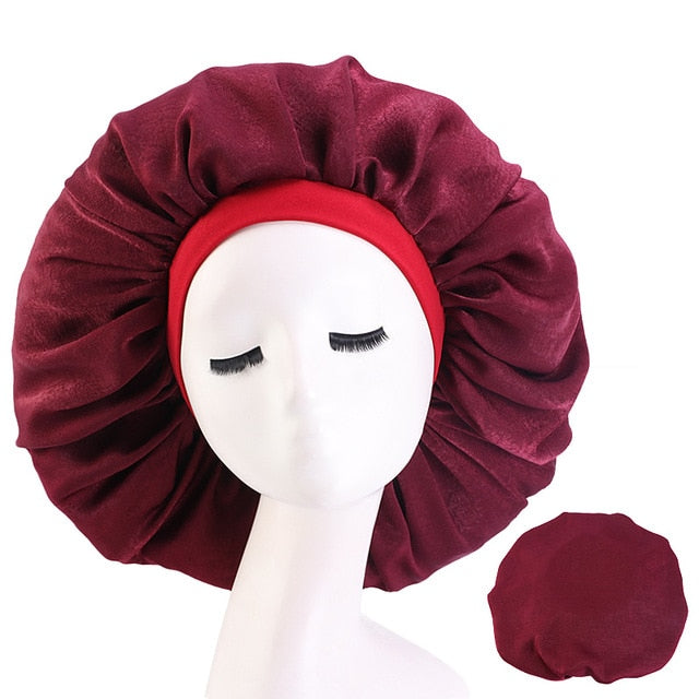 New Women Big Size Beauty print Satin Silky Bonnet Sleep Night Cap Head Cover Bonnet Hat for For Curly Springy Hair Black