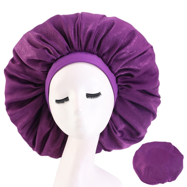 New Women Big Size Beauty print Satin Silky Bonnet Sleep Night Cap Head Cover Bonnet Hat for For Curly Springy Hair Black