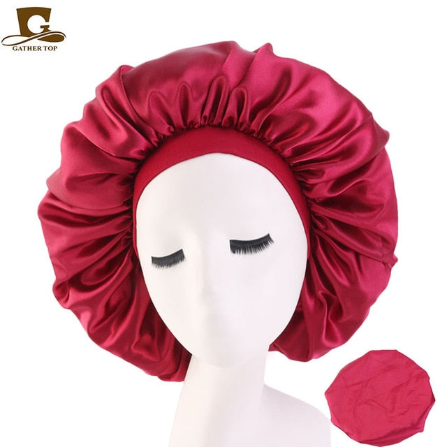 New Women Big Size Beauty print Satin Silky Bonnet Sleep Night Cap Head Cover Bonnet Hat for For Curly Springy Hair Black