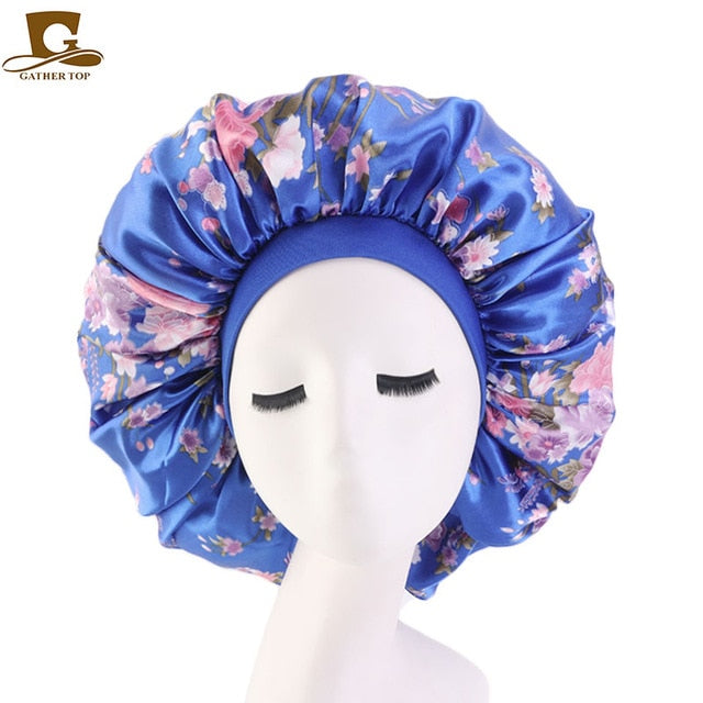 New Women Big Size Beauty print Satin Silky Bonnet Sleep Night Cap Head Cover Bonnet Hat for For Curly Springy Hair Black