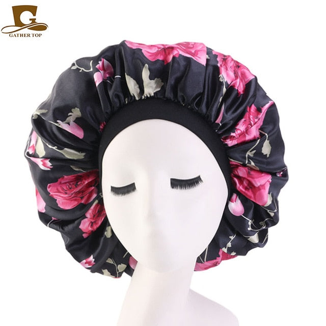 New Women Big Size Beauty print Satin Silky Bonnet Sleep Night Cap Head Cover Bonnet Hat for For Curly Springy Hair Black