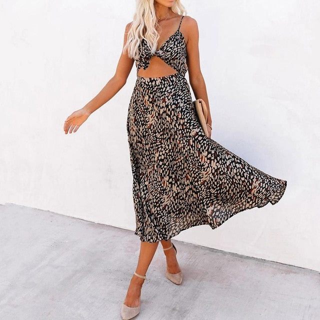 Deep V Leopard Butterfly Wrap Sling Sleeveless Maxi Long Dress F