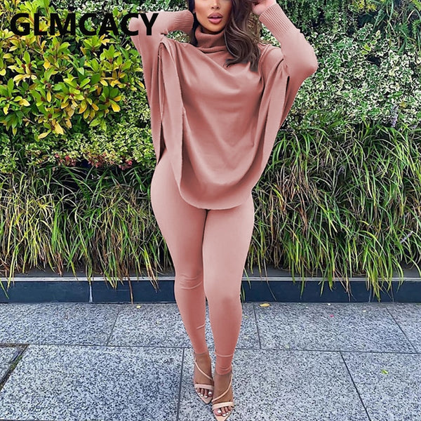 Women Two Piece Batwing Sleeve Turtleneck Top & Skinny Pants Set