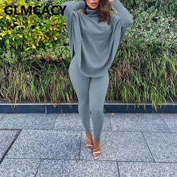 Women Two Piece Batwing Sleeve Turtleneck Top & Skinny Pants Set