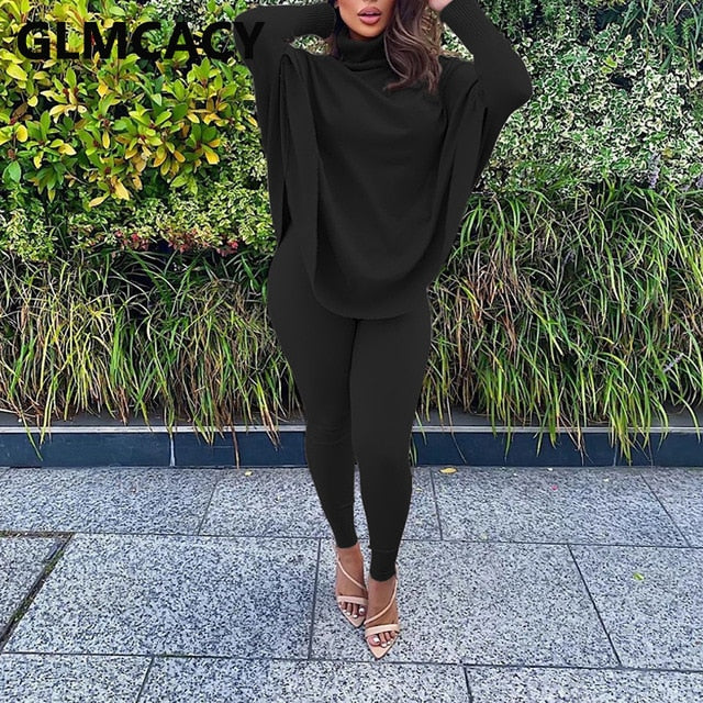 Women Two Piece Batwing Sleeve Turtleneck Top & Skinny Pants Set