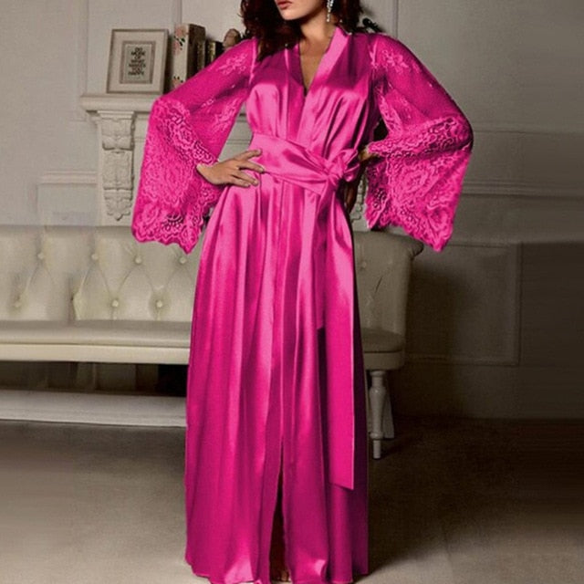 Women Nightdress Sexy Long LaceLingerieSilk Nightdress Solid Color  Nightwear