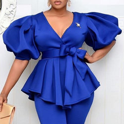 Women Blouses V Neck Lantern Sleeve with Sashes Peplum Ruffles for Plus Size Women