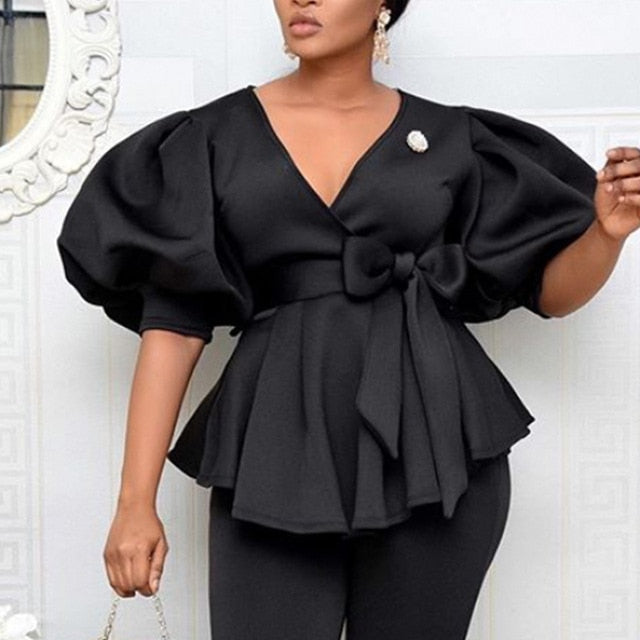 Women Blouses V Neck Lantern Sleeve with Sashes Peplum Ruffles for Plus Size Women