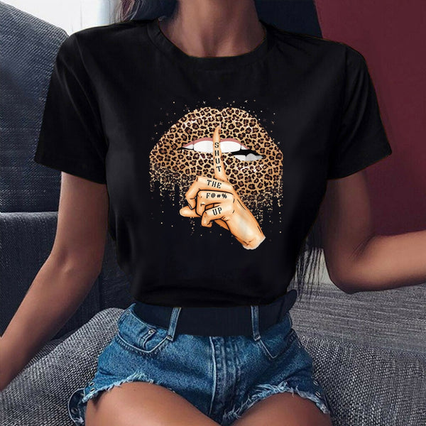 Summer Fashion Lips Leopard Print Graphic T Shirt