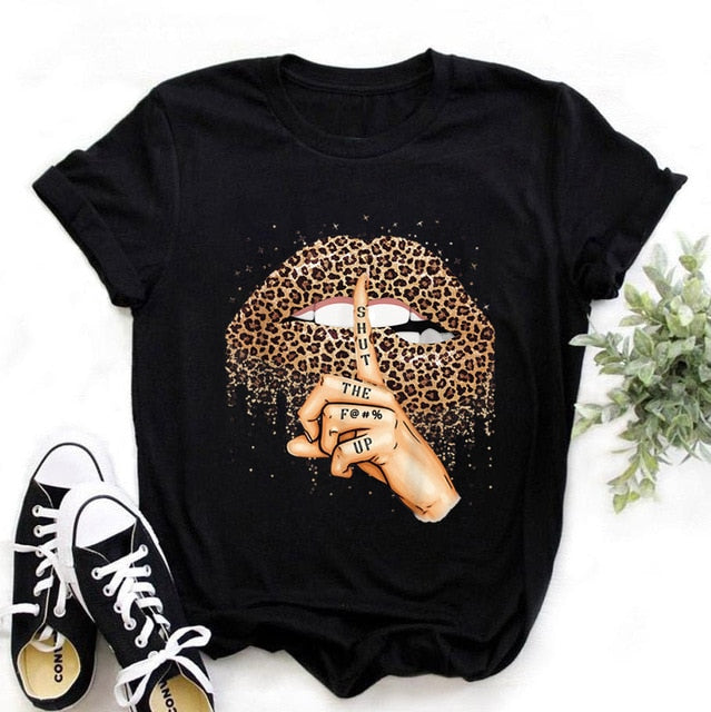 Summer Fashion Lips Leopard Print Graphic T Shirt