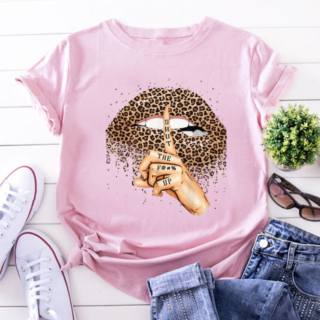 Summer Fashion Lips Leopard Print Graphic T Shirt