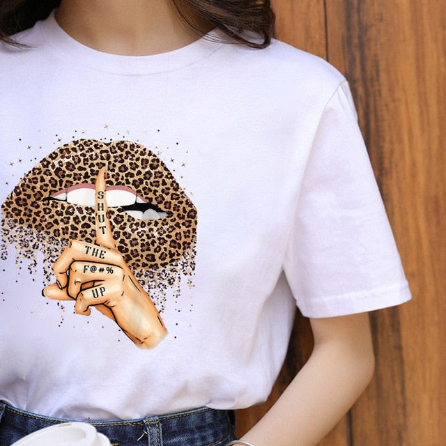 Summer Fashion Lips Leopard Print Graphic T Shirt