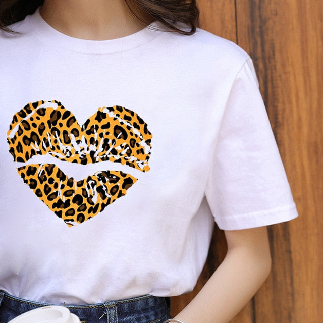 Summer Fashion Lips Leopard Print Graphic T Shirt