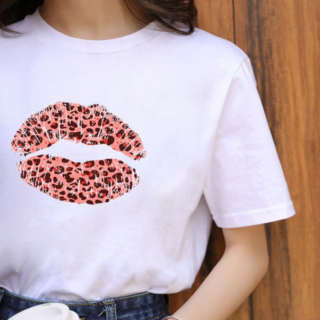 Summer Fashion Lips Leopard Print Graphic T Shirt