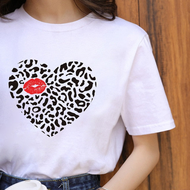 Summer Fashion Lips Leopard Print Graphic T Shirt