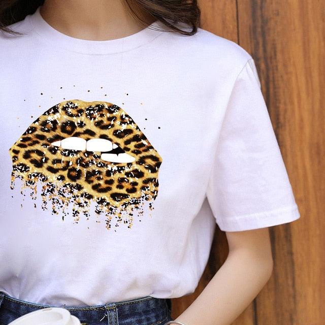 Summer Fashion Lips Leopard Print Graphic T Shirt