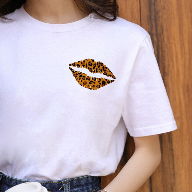 Summer Fashion Lips Leopard Print Graphic T Shirt