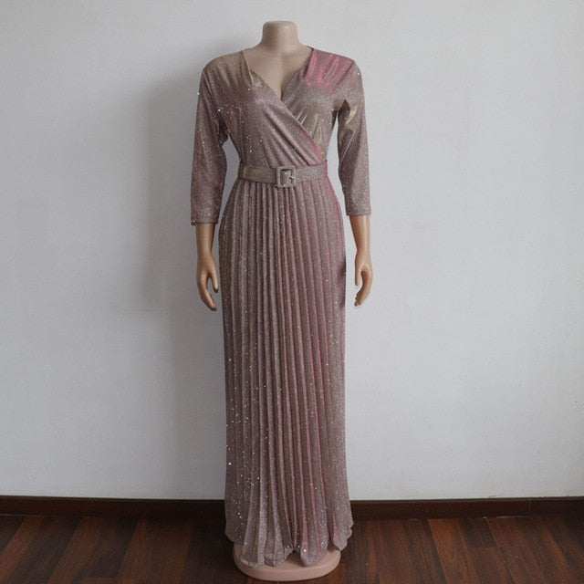 Long Maxi Dress with a Belt Glitter Pink Pleated