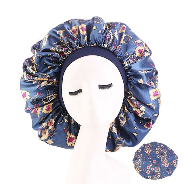 New Women Big Size Beauty print Satin Silky Bonnet Sleep Night Cap Head Cover Bonnet Hat for For Curly Springy Hair Black