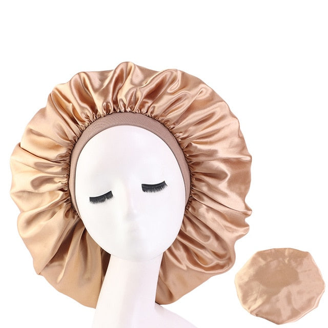 New Women Big Size Beauty print Satin Silky Bonnet Sleep Night Cap Head Cover Bonnet Hat for For Curly Springy Hair Black