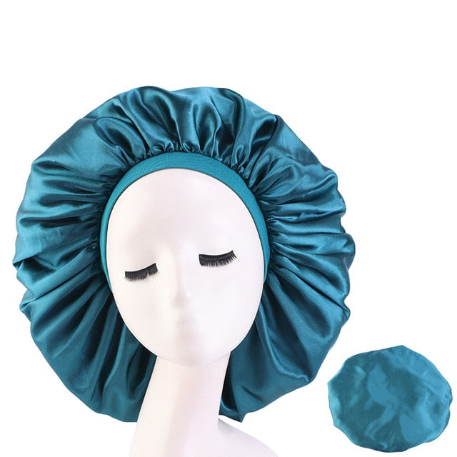 New Women Big Size Beauty print Satin Silky Bonnet Sleep Night Cap Head Cover Bonnet Hat for For Curly Springy Hair Black