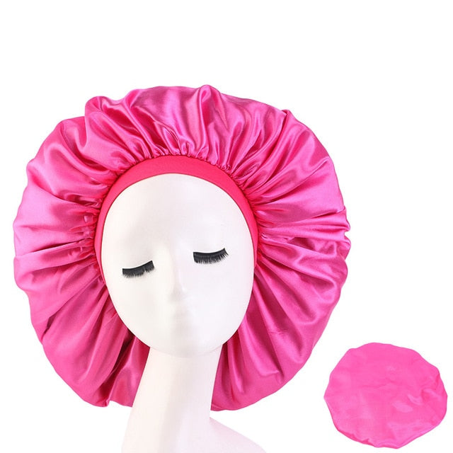 New Women Big Size Beauty print Satin Silky Bonnet Sleep Night Cap Head Cover Bonnet Hat for For Curly Springy Hair Black