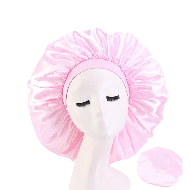 New Women Big Size Beauty print Satin Silky Bonnet Sleep Night Cap Head Cover Bonnet Hat for For Curly Springy Hair Black