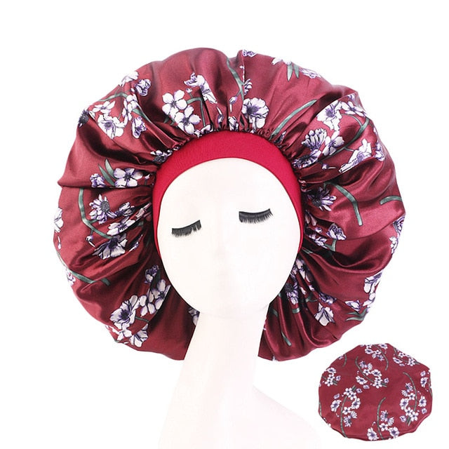 New Women Big Size Beauty print Satin Silky Bonnet Sleep Night Cap Head Cover Bonnet Hat for For Curly Springy Hair Black