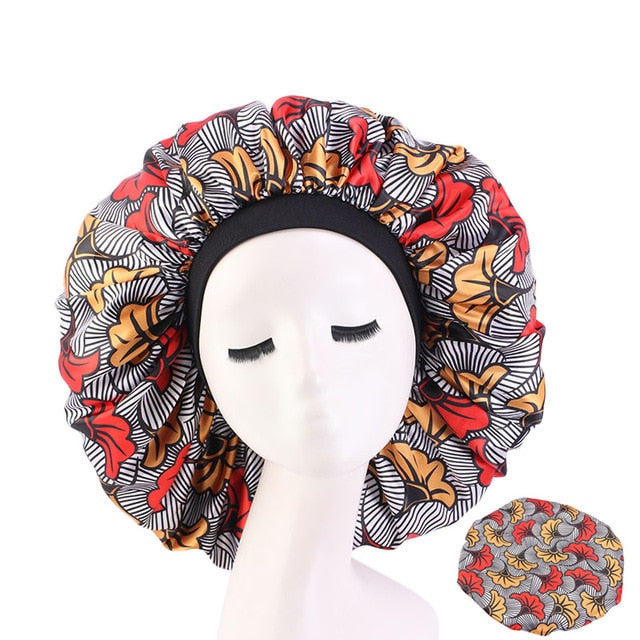 New Women Big Size Beauty print Satin Silky Bonnet Sleep Night Cap Head Cover Bonnet Hat for For Curly Springy Hair Black