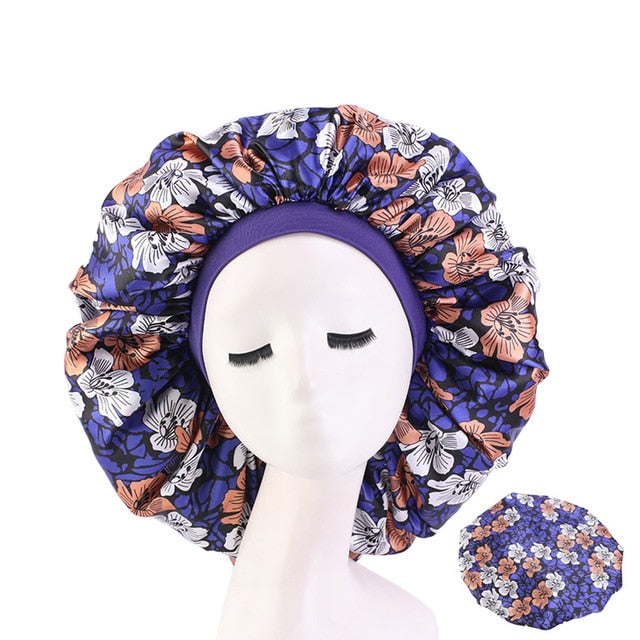 New Women Big Size Beauty print Satin Silky Bonnet Sleep Night Cap Head Cover Bonnet Hat for For Curly Springy Hair Black