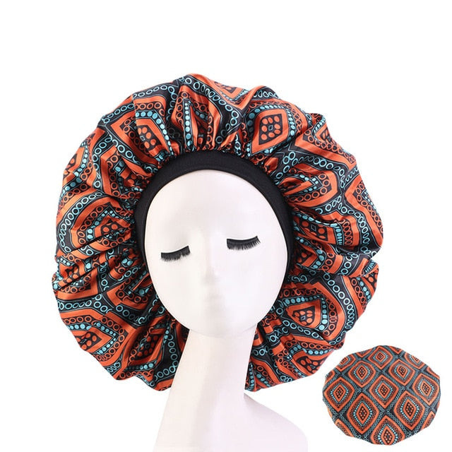 New Women Big Size Beauty print Satin Silky Bonnet Sleep Night Cap Head Cover Bonnet Hat for For Curly Springy Hair Black