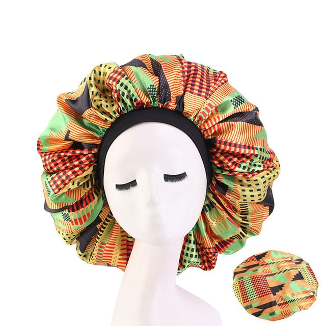 New Women Big Size Beauty print Satin Silky Bonnet Sleep Night Cap Head Cover Bonnet Hat for For Curly Springy Hair Black