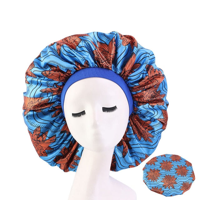 New Women Big Size Beauty print Satin Silky Bonnet Sleep Night Cap Head Cover Bonnet Hat for For Curly Springy Hair Black