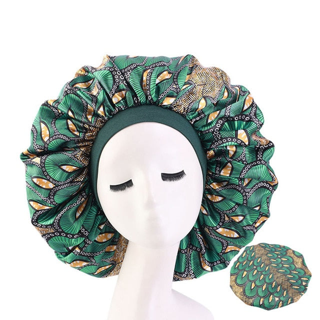 New Women Big Size Beauty print Satin Silky Bonnet Sleep Night Cap Head Cover Bonnet Hat for For Curly Springy Hair Black