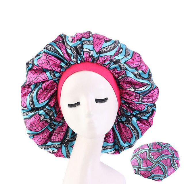 New Women Big Size Beauty print Satin Silky Bonnet Sleep Night Cap Head Cover Bonnet Hat for For Curly Springy Hair Black