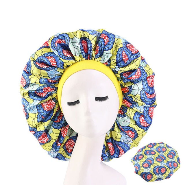 New Women Big Size Beauty print Satin Silky Bonnet Sleep Night Cap Head Cover Bonnet Hat for For Curly Springy Hair Black