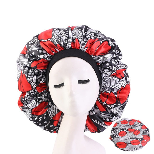 New Women Big Size Beauty print Satin Silky Bonnet Sleep Night Cap Head Cover Bonnet Hat for For Curly Springy Hair Black