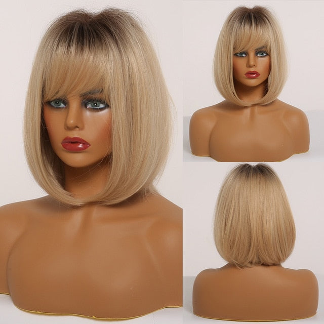 ALAN EATON Ombre Brown Golden Short Straight Hair Lolita Bobo Wigs with Bangs Synthetic Wigs For Women Cosplay Heat Resistant