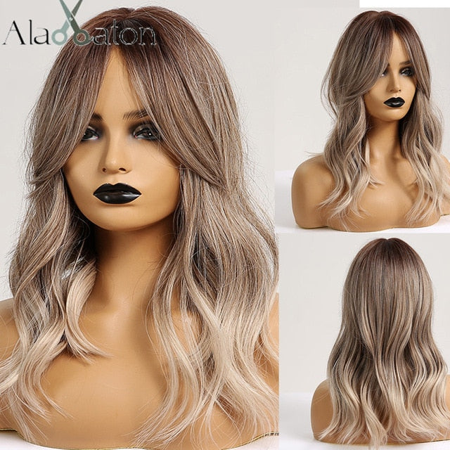 ALAN EATON Ombre Brown Golden Short Straight Hair Lolita Bobo Wigs with Bangs Synthetic Wigs For Women Cosplay Heat Resistant