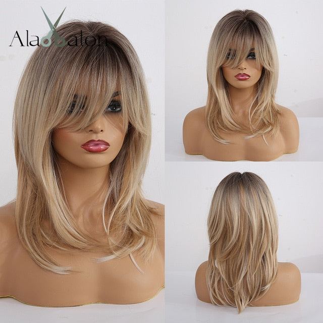 ALAN EATON Ombre Brown Golden Short Straight Hair Lolita Bobo Wigs with Bangs Synthetic Wigs For Women Cosplay Heat Resistant