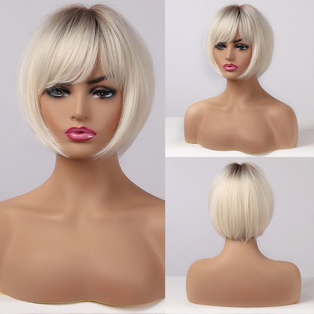 ALAN EATON Ombre Brown Golden Short Straight Hair Lolita Bobo Wigs with Bangs Synthetic Wigs For Women Cosplay Heat Resistant