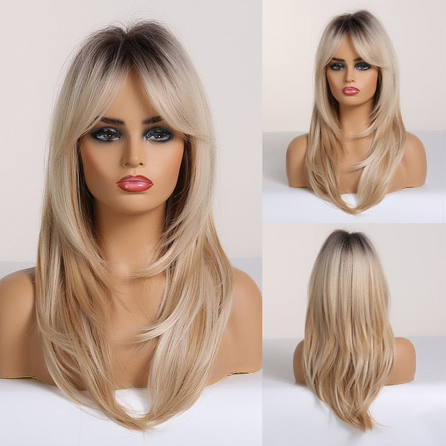 ALAN EATON Ombre Brown Golden Short Straight Hair Lolita Bobo Wigs with Bangs Synthetic Wigs For Women Cosplay Heat Resistant