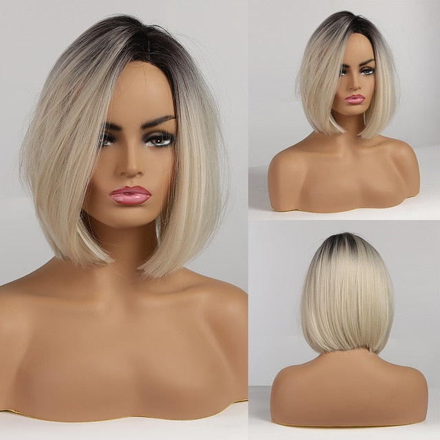 ALAN EATON Ombre Brown Golden Short Straight Hair Lolita Bobo Wigs with Bangs Synthetic Wigs For Women Cosplay Heat Resistant