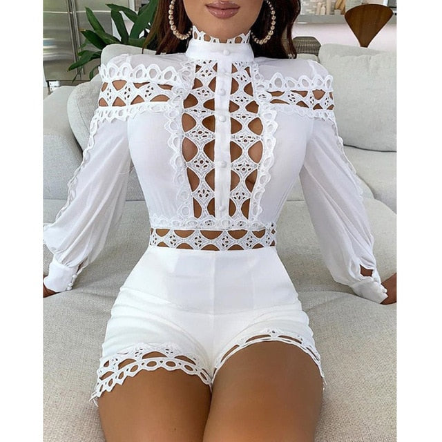 Sexy Hollow Out Playsuits for Women Summer Long Sleeve Skinny Nightclub Overall Fashion Woman Clothing