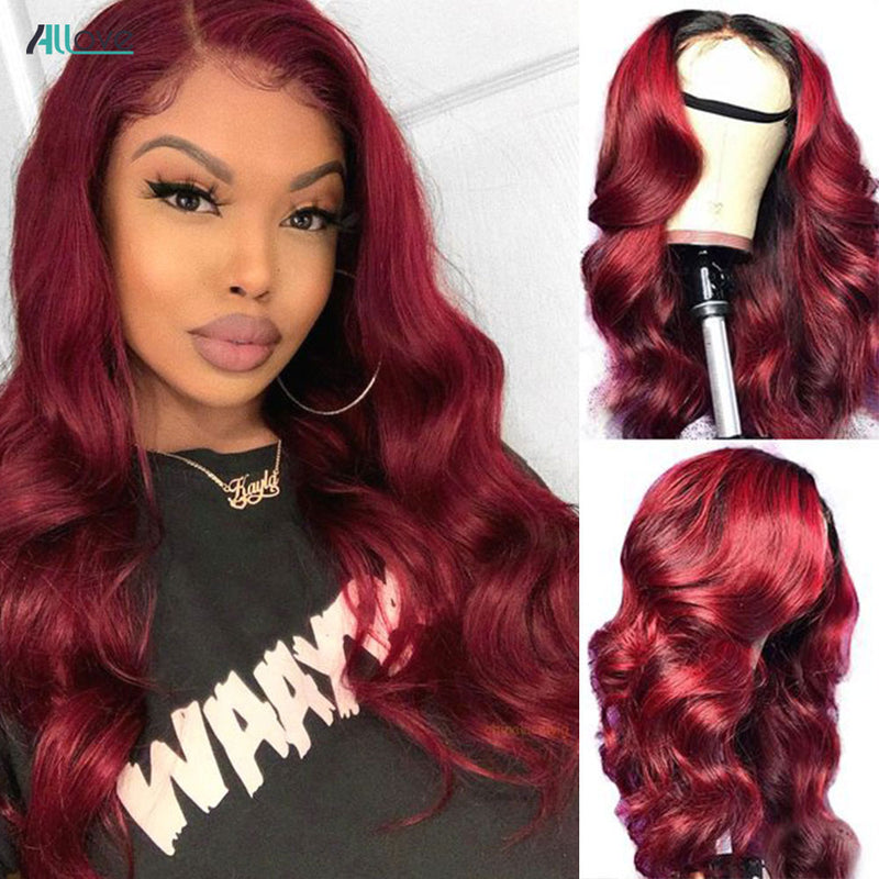 Allove 99J Lace Front Wig Burgundy Body Wave Human Hair Wig Ombre Lace Frontal Wig 1B 99J Body Wave Lace Closure Wigs for Women