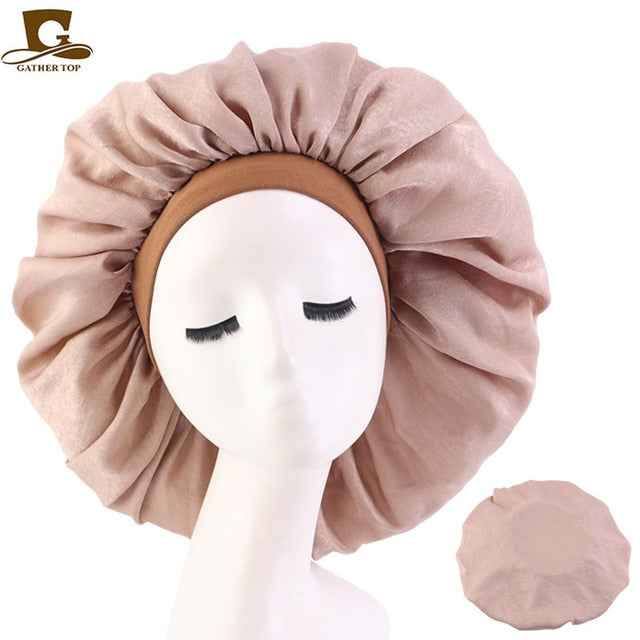 New Women Big Size Beauty print Satin Silky Bonnet Sleep Night Cap Head Cover Bonnet Hat for For Curly Springy Hair Black