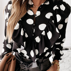 Ruffled Polka Dot Print Women's Blouses Autumn Single Breasted Long Sleeve Female Blouse 2021 Elegant Office Ladies Tops Clothes